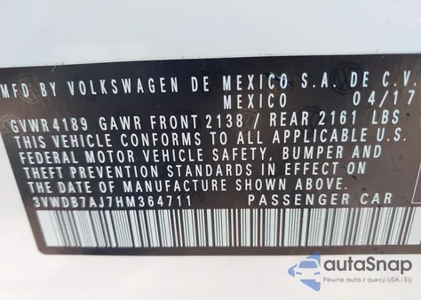 2017 Volkswagen Jetta 1.4T Se из США, поврежденный, VIN 3VWDB7AJ7HM364711